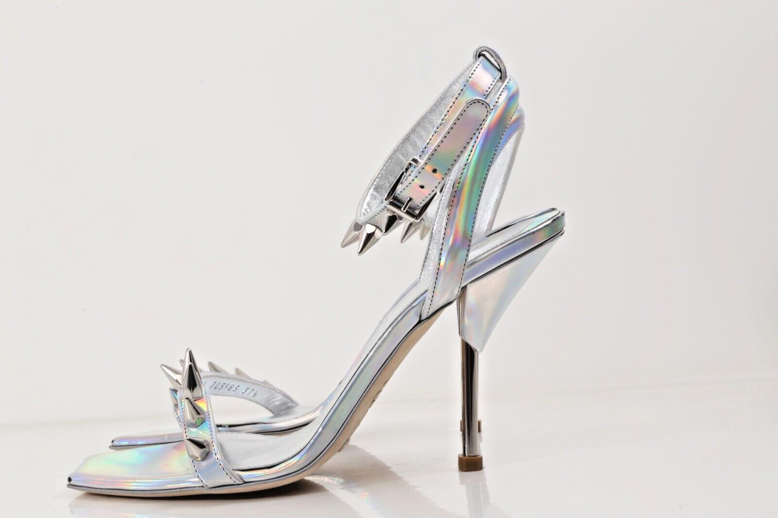Alexander McQueen Metallic Silver Patent Leather Strappy Heel Sandals Size 37.5