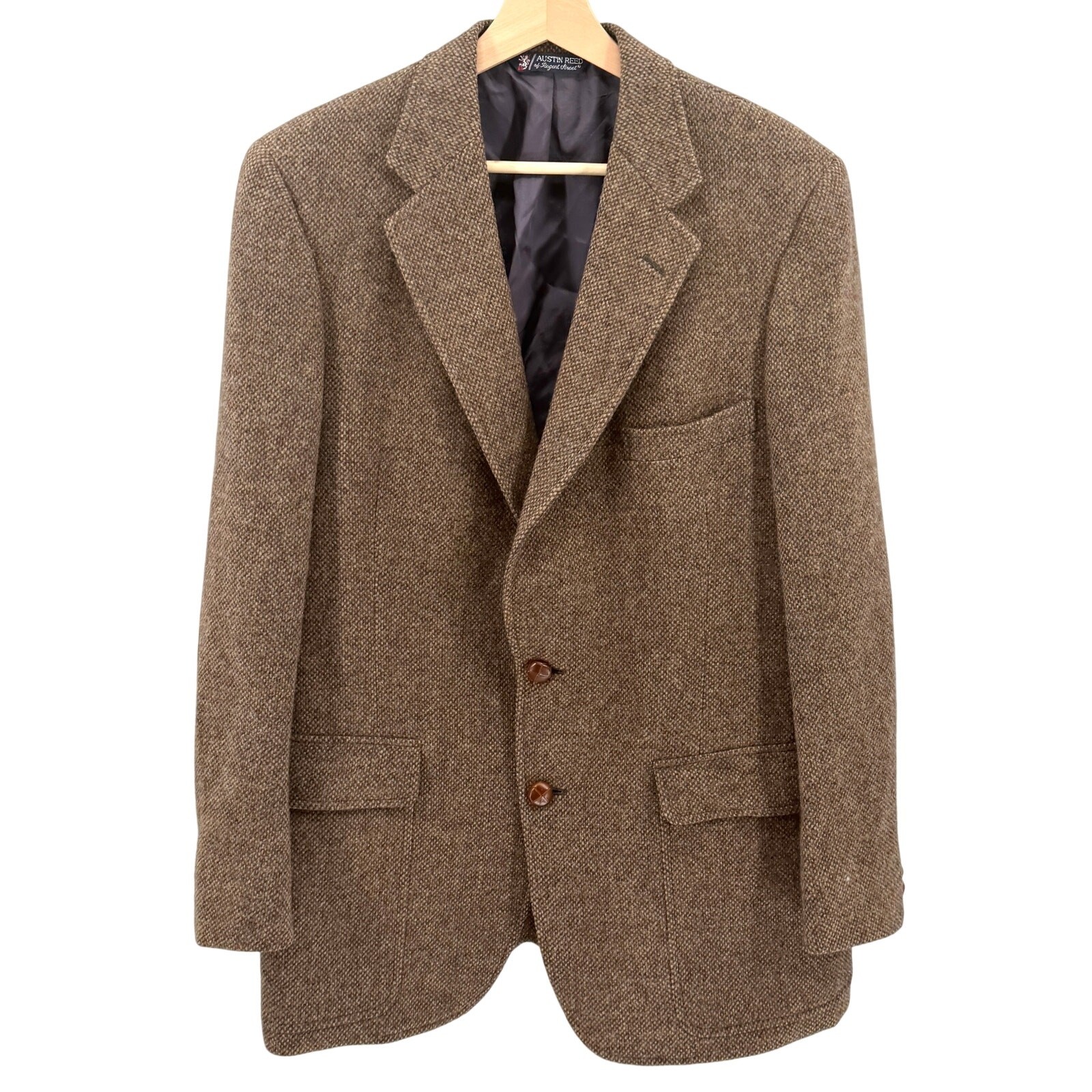 Vintage 80s Austin Reed Brown 100% Wool Tweed Suede Elbow Patch Blazer