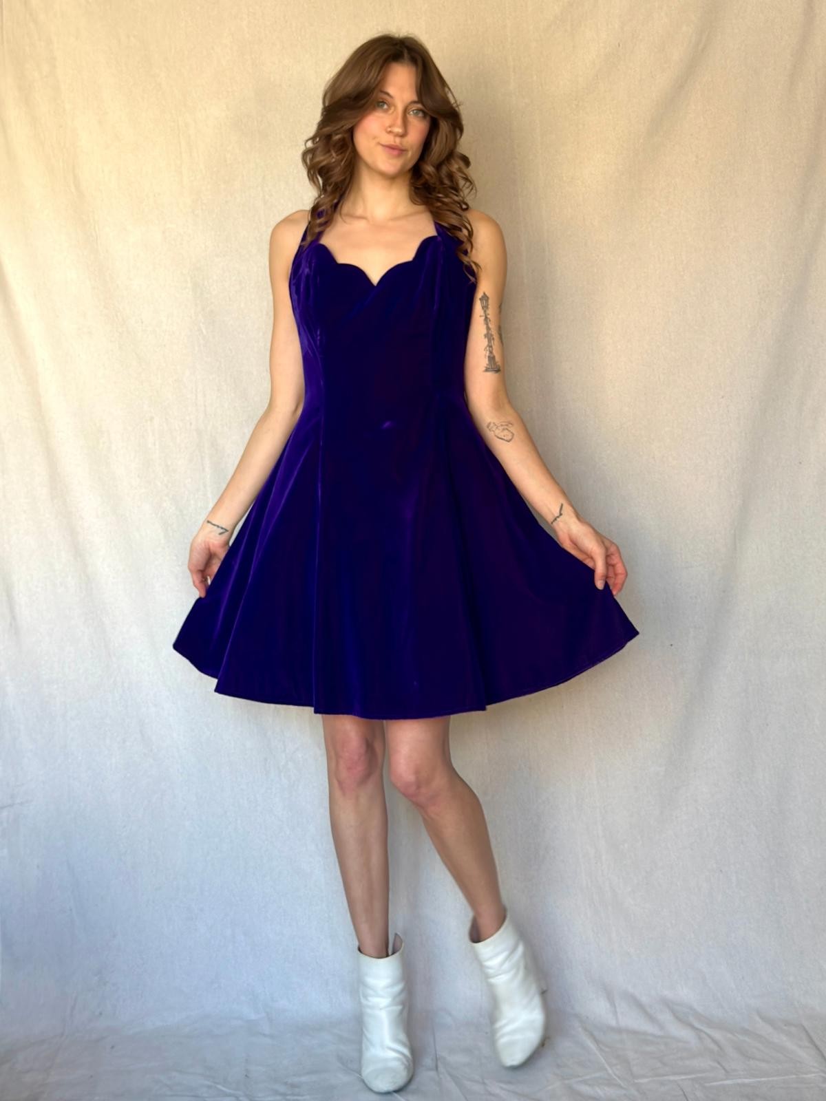 90s Purple Velvet Halter Mini Cocktail Dress