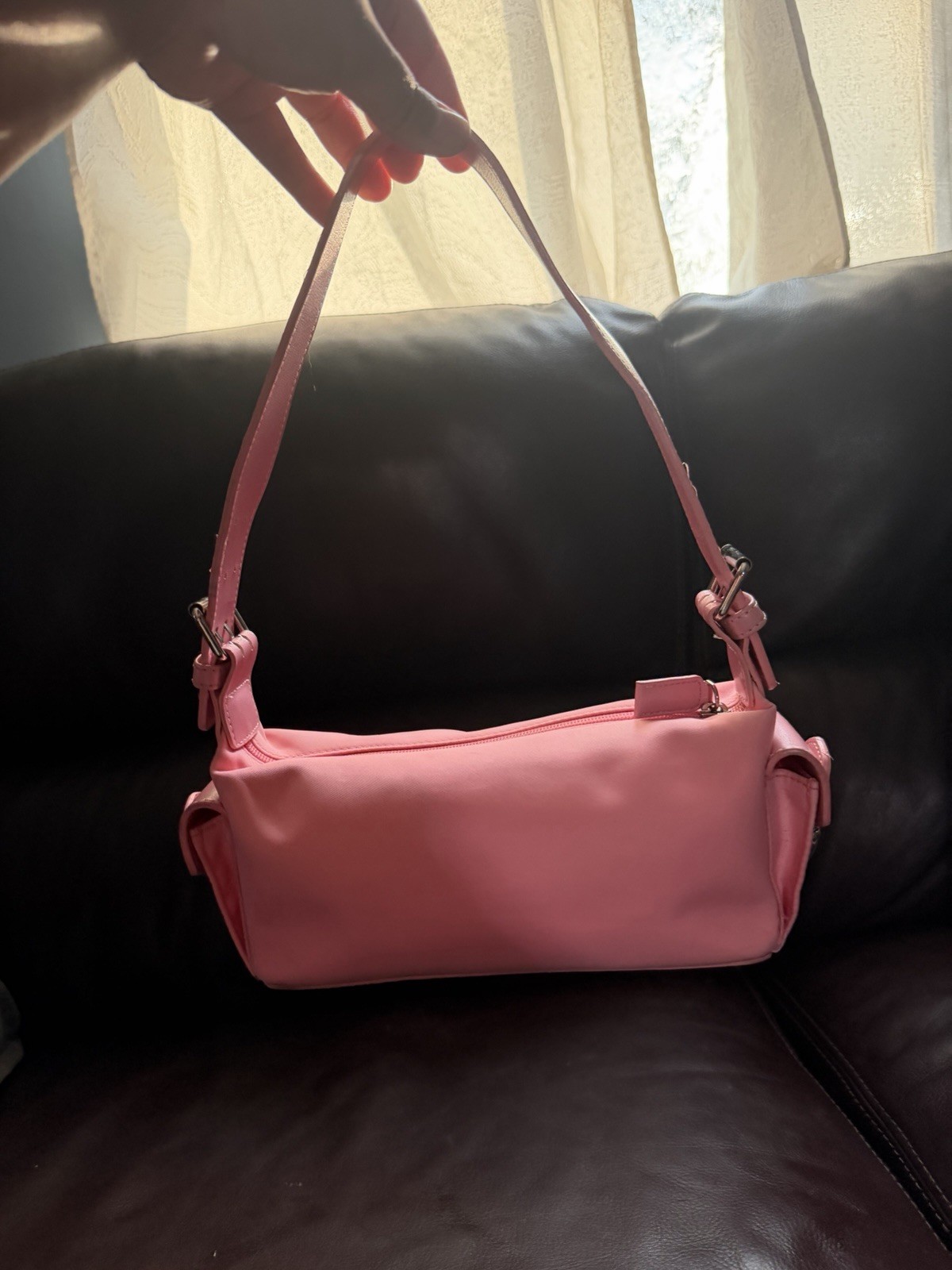 Pink Shoulder Bag Zip w/ Triangle Logo, Silver Hardware, Detachable Strap