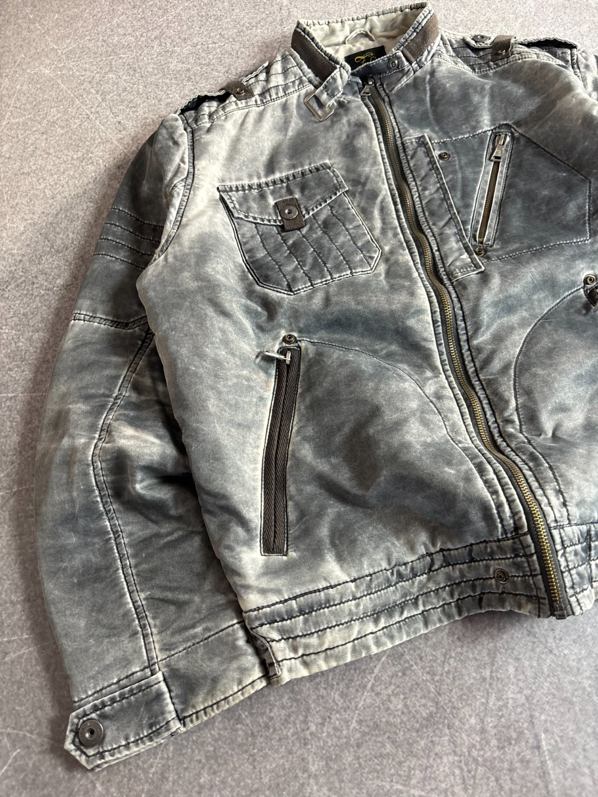 Avant Garde Japanese 2000s Washed Distressed ZIpper Nylon Bomber Jacket Boxy Fit