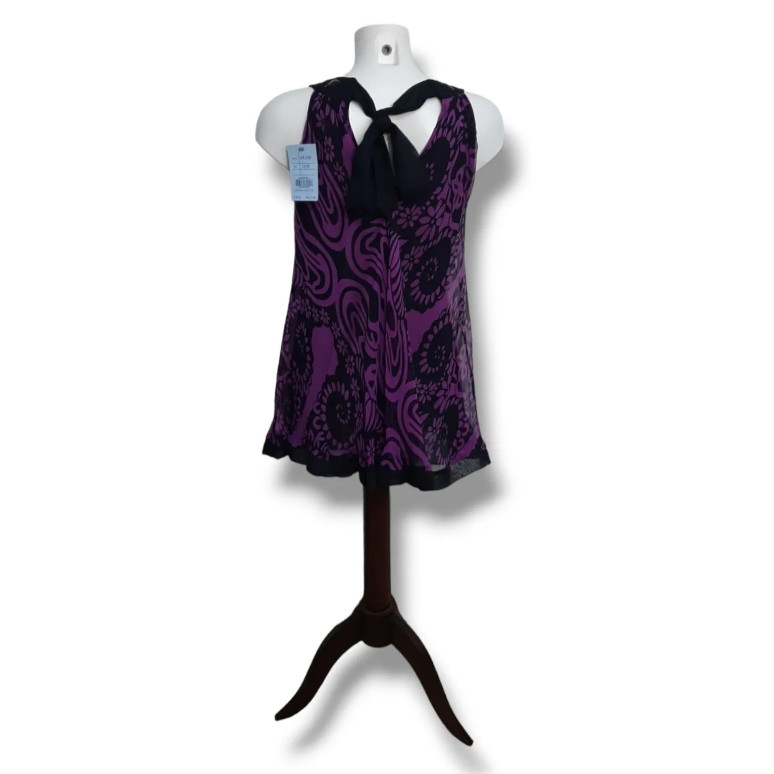 OASIS Pure Silk Sleeveless Top Tunic Pussy Bow Floral Black Purple 12 New NWT