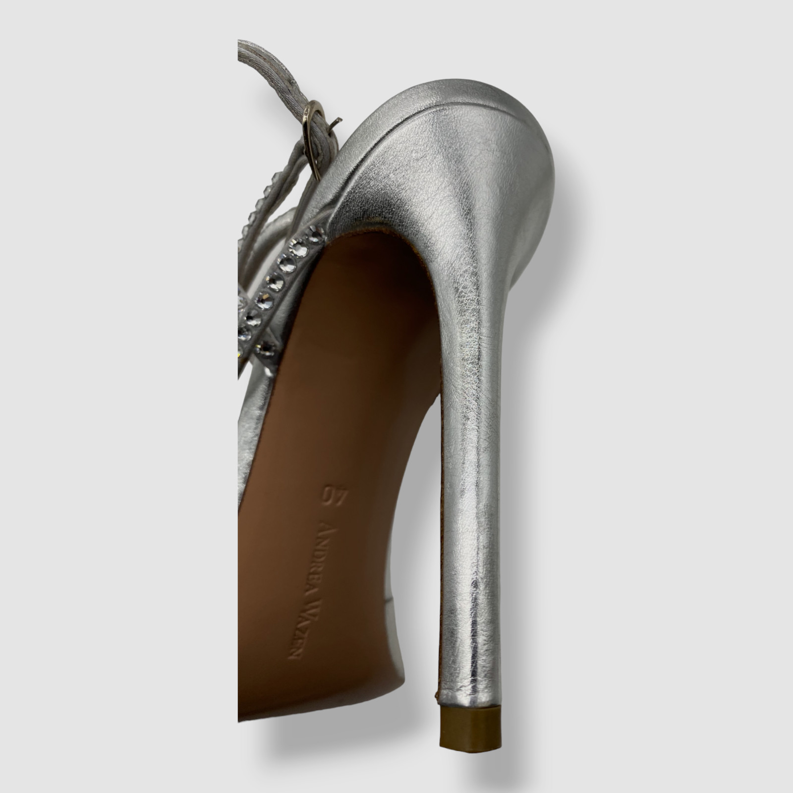 $695 Andrea Wazen Women’s Silver Dassy Sunset PVC Ankle Wrap Pump Heels Shoes 36