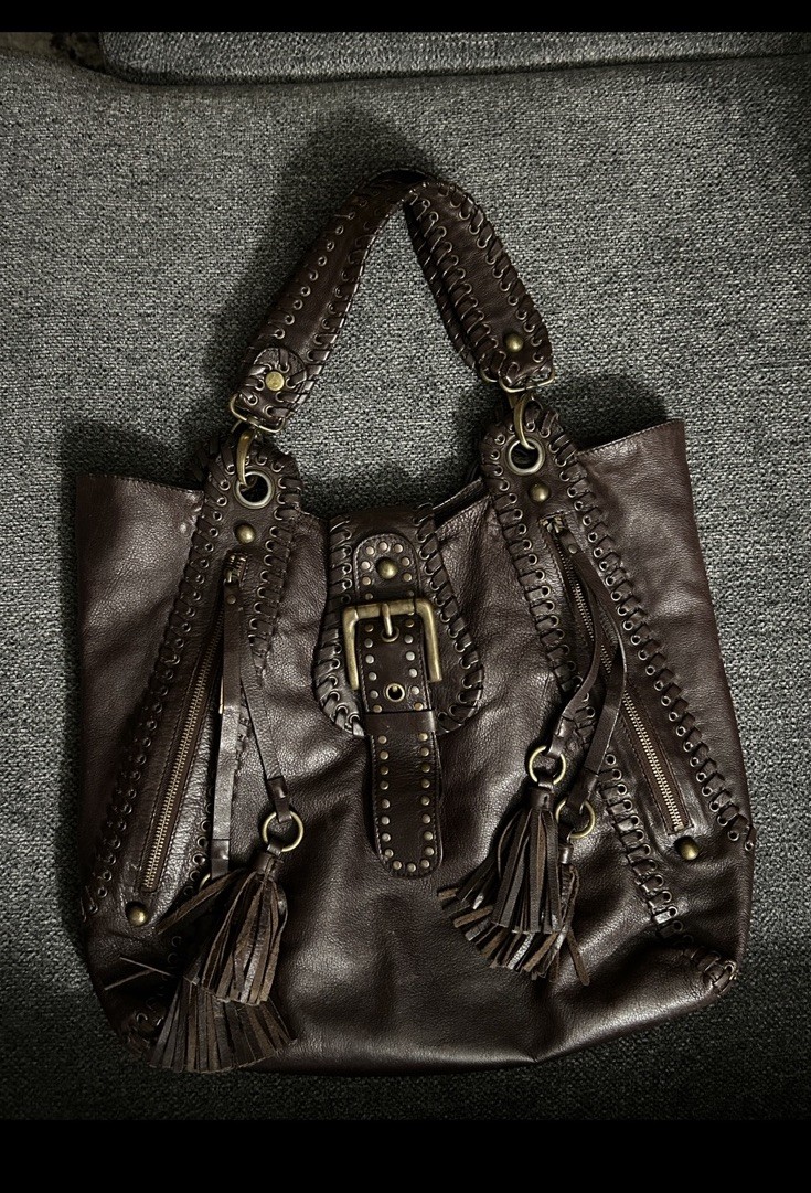 Vintage BESSO Brown Shoulder Bag Zip & Buckle Studded Tassel Lined Inner Pockets