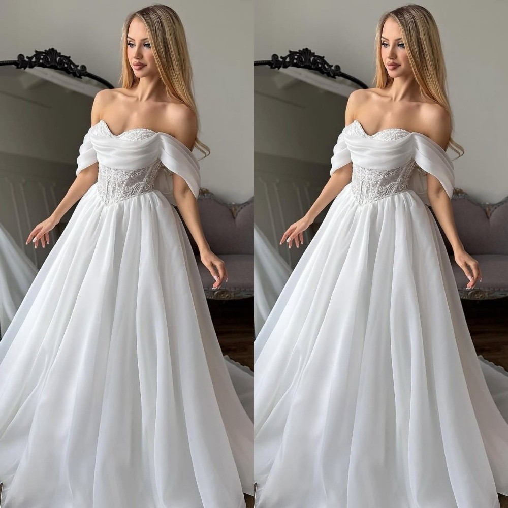 Classic Wedding Dresses Off The Shoulder Lace A Line Sweep Train Bridal Gowns