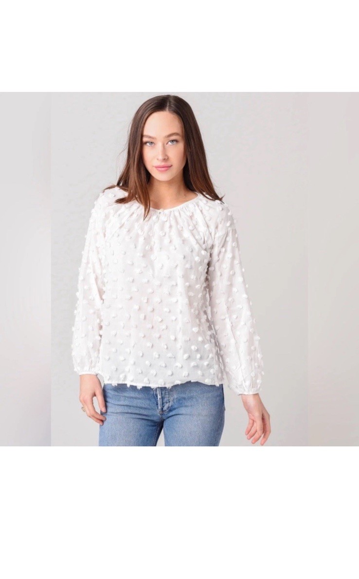 Dylan Bella Peasant Blouse Fuzzy Swiss Dots White Long Sleeve Size Large