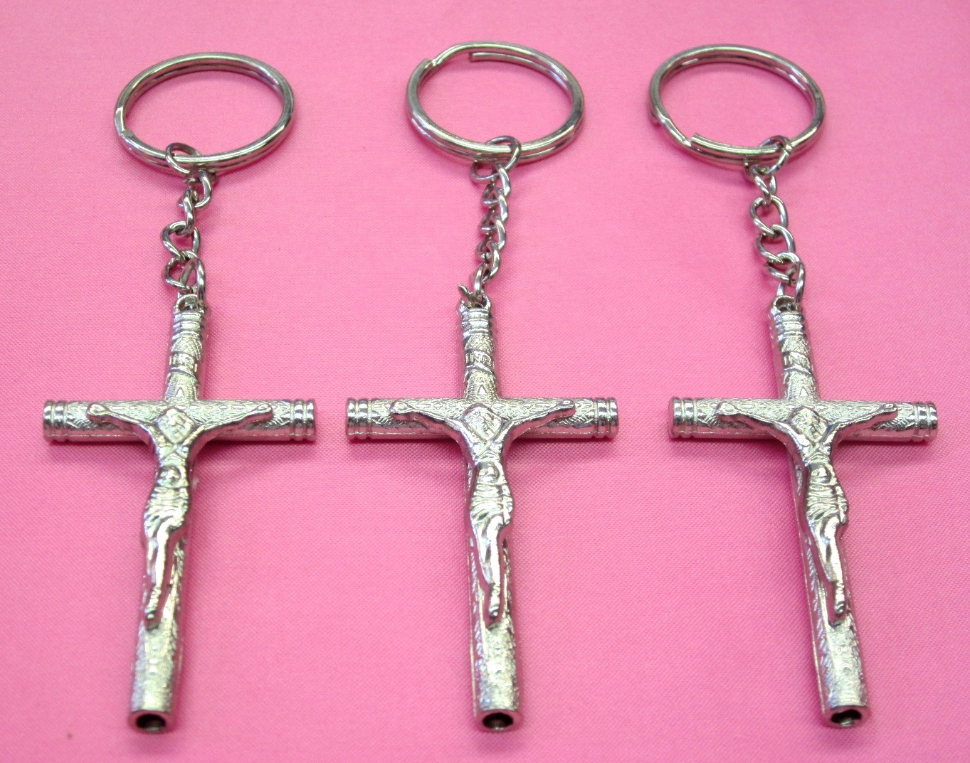 LOT OF 3, 6,12 PIECES —CHRISTIAN CROSS KEYCHAIN KEY RING SILVER METAL