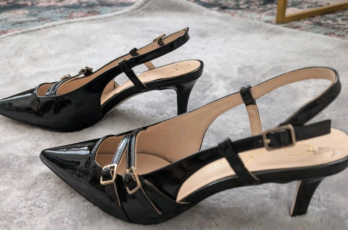 Jessica Simpson Black Patent Leather Slingback Kitten Heel Sz 8 Pumps
