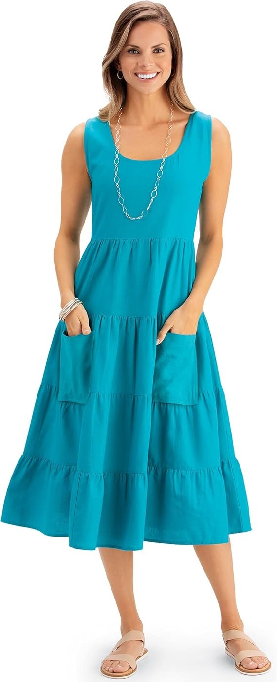 Collections Etc Women’s Cotton Easy Sleeveless Tiered Long Dress Turquoise