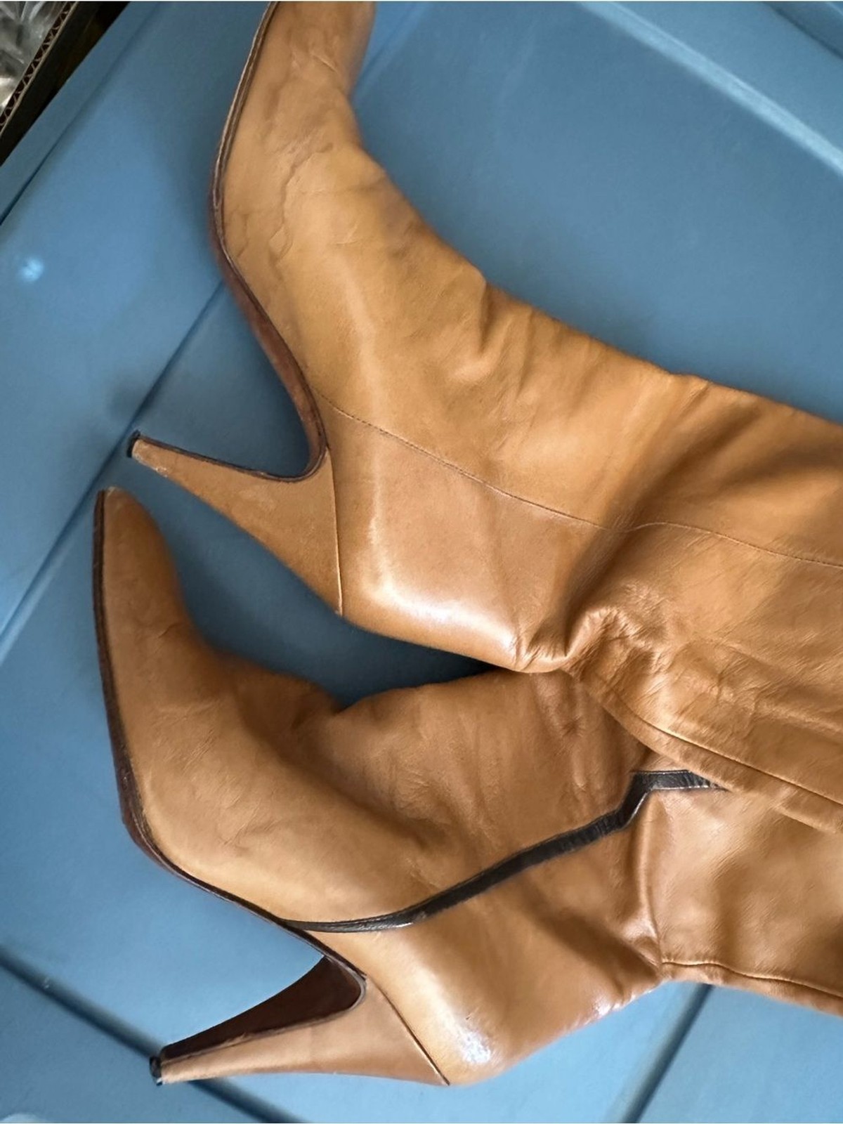 Vintage 70s Casa Dei Italian Leather Knee High Boots Cognac Brown Black Trim