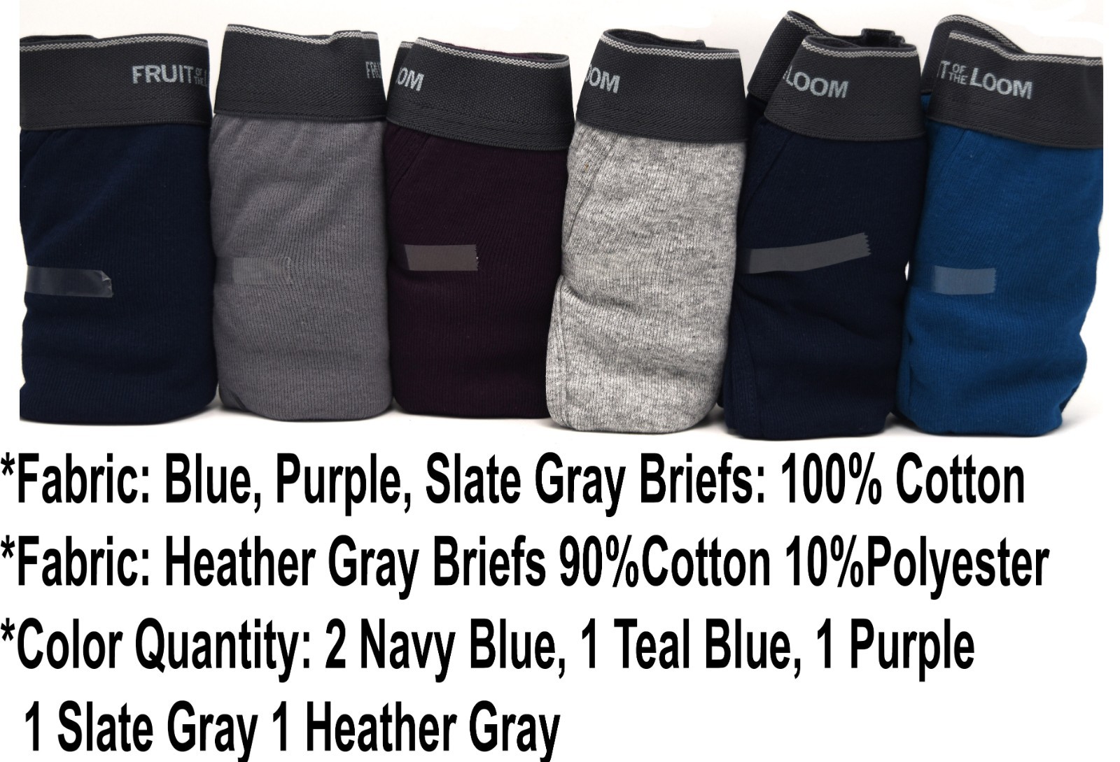 6 Blue Gray Purple XL 40-42 Inch Briefs Mid Rise Fruit of the Loom EG 102-107 CM