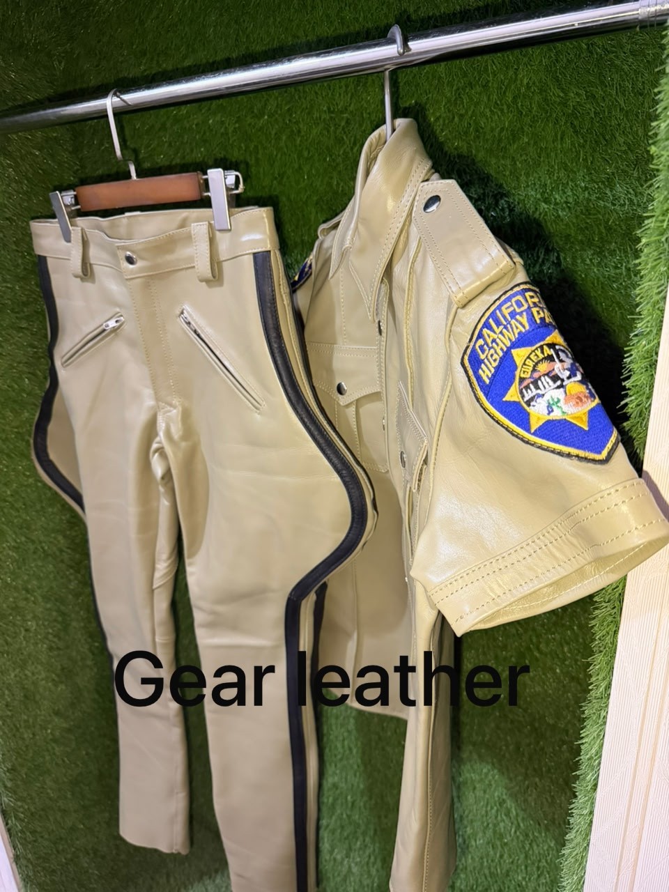 Men’s Real Soft Leather Highway Police Style CHP Uniform Sexy Motorcycle Suit
