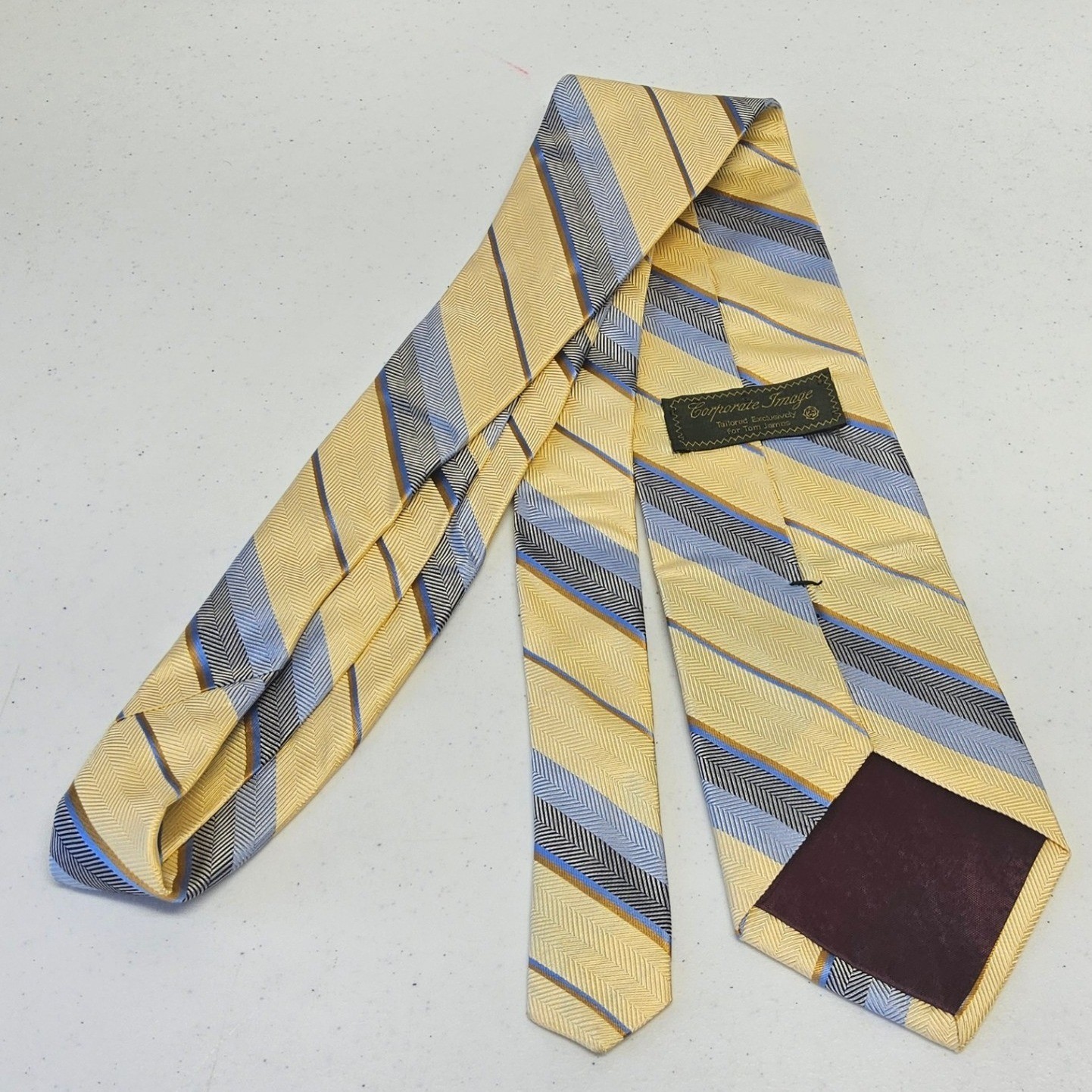 Corporate Image Tom James Necktie Mens Yellow Blue Striped Silk Herringbone