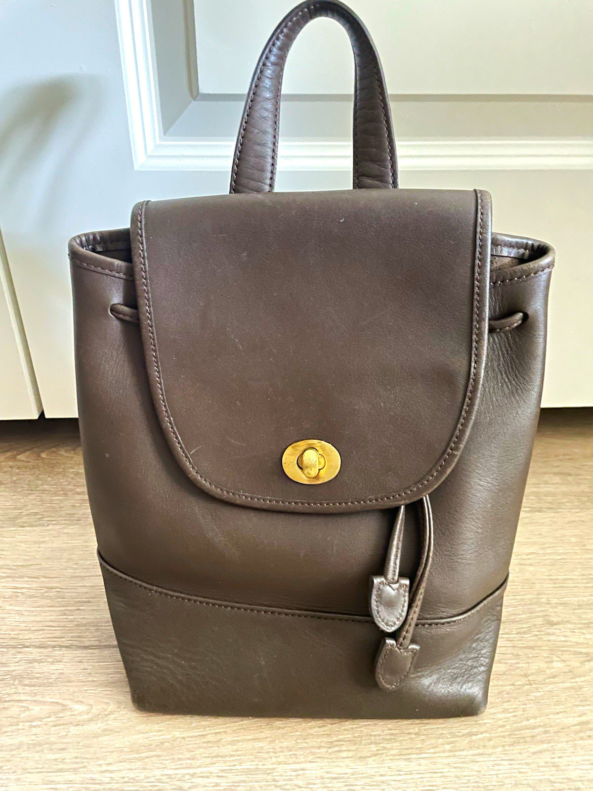 Women’s Brown Leather Backpack Purse Turn-Lock & Drawstring Gold Hardware