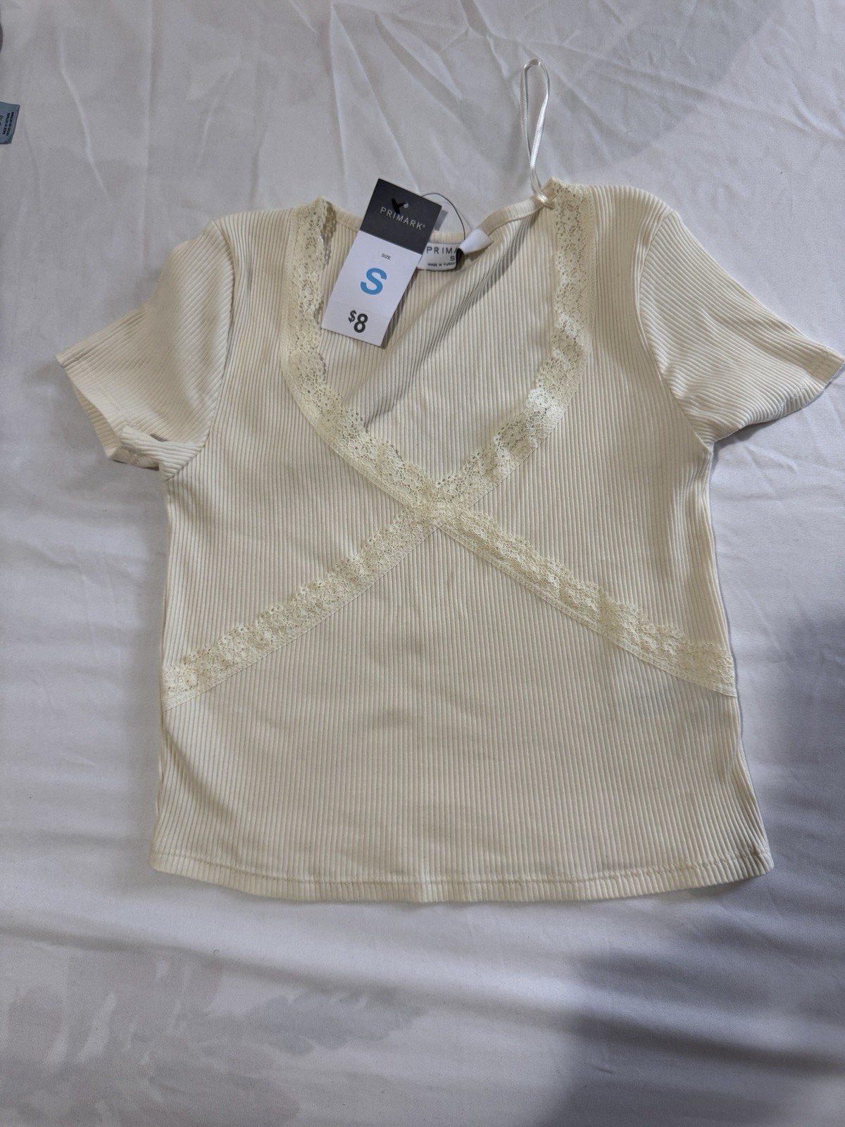 NWT Light Cream Ribbed V-Neck W Lace Trim Short Sleeve Baby T-Shirt S