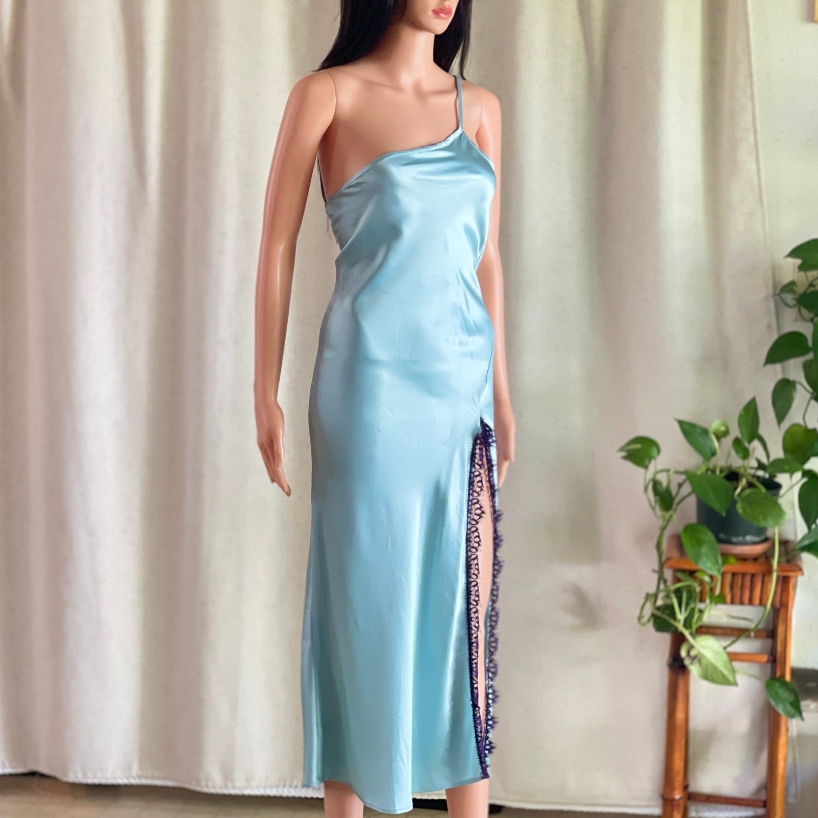 One Shoulder Blue Satin Purple Lace Trim Midi Slip Dress Slit Glam Romantic XS