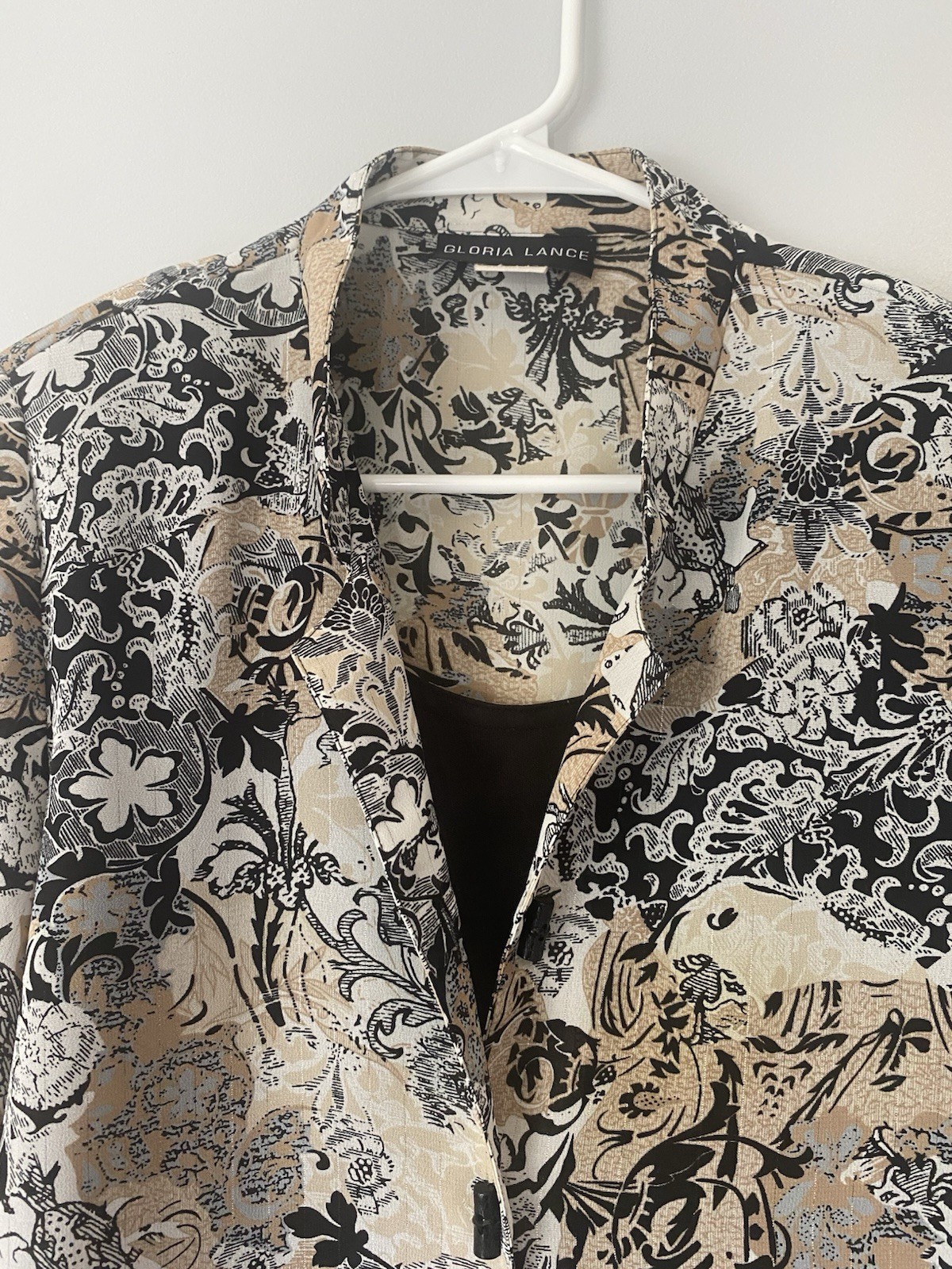 Gloria Lance Blouse With Cami Medium Black Tan White Floral Shoulder Pads VTG