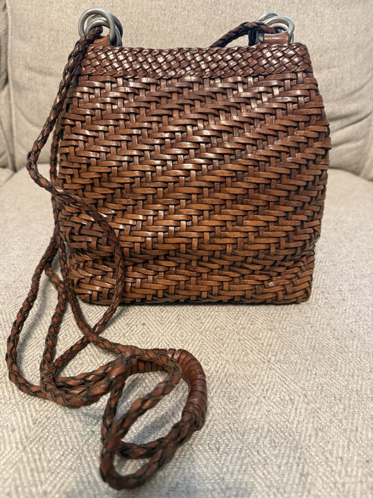 vintage leather crossbody woven bag with braided straps by L.J.S. Collection