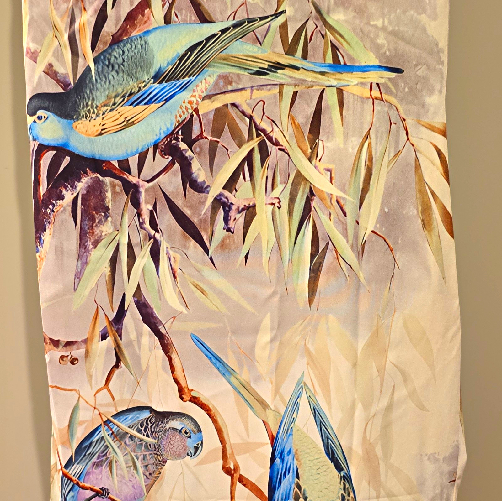 Women’s Multicolor Bird Floral Satin- Like Pull-On Pants L Elastic Waist