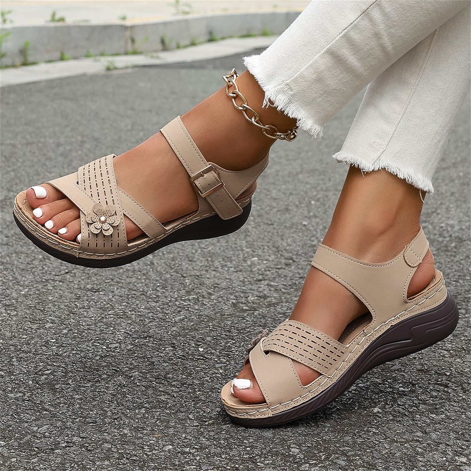 Orthopedic Wide Sandals for Women Comfortable Flat Wedge Sandals Strappy Arch Su