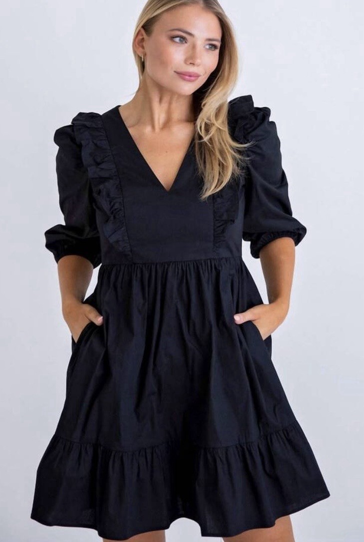 Karlie Poplin Ruffle Tier Black V-Neck Mini Minimalist Whimsigoth Dress Size S