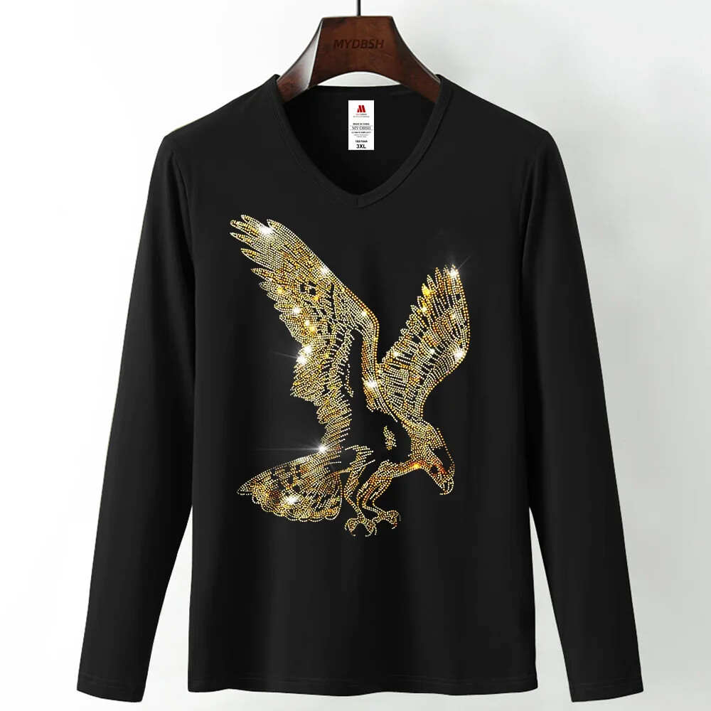 Fashion Trend Eagle Rhinestones Streetwear Long Sleeve Luxury Men V-Neck T-Shirt