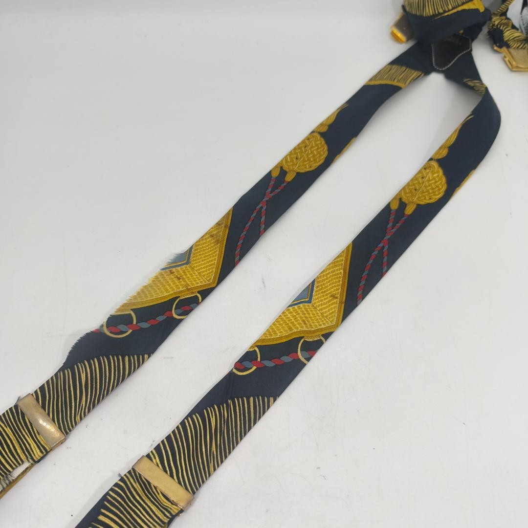 Hermes Paris Silk Suspenders Black Multicolor All Over Pattern Length 82cm w/Box