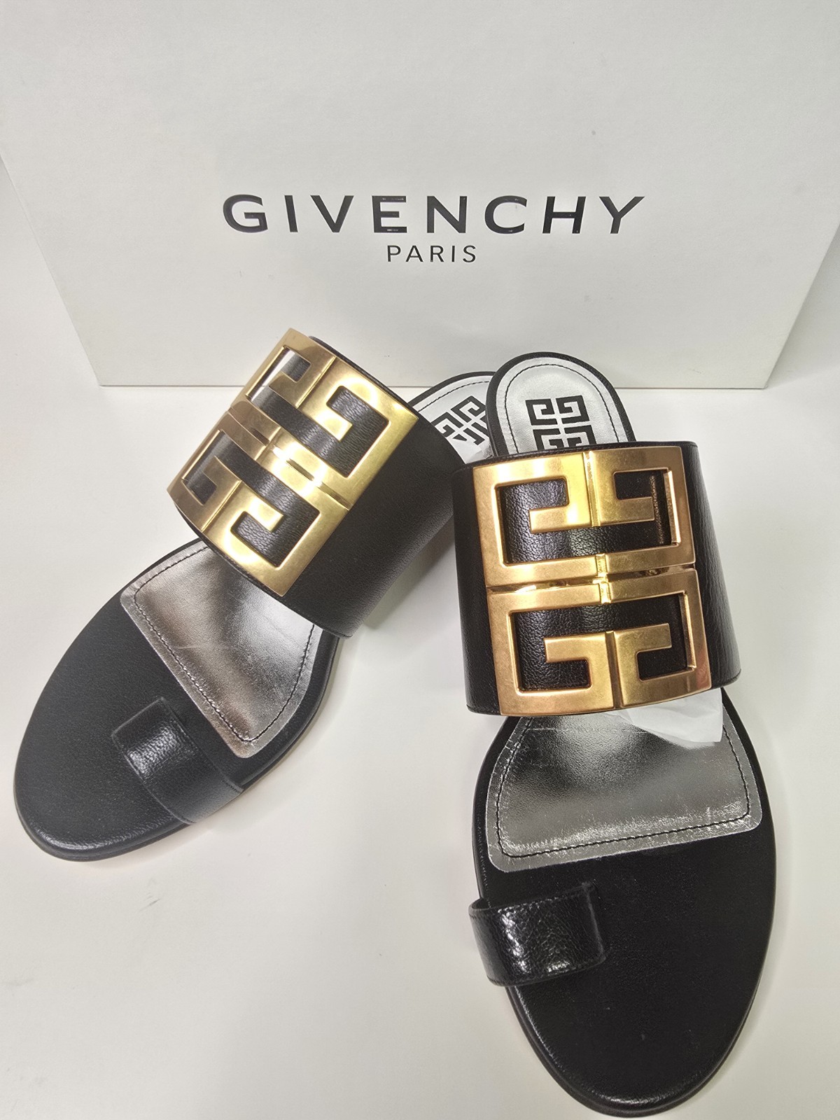 Givenchy 4G Logo Sandals Black Leather Gold Tone Hardware Women’s EU 38