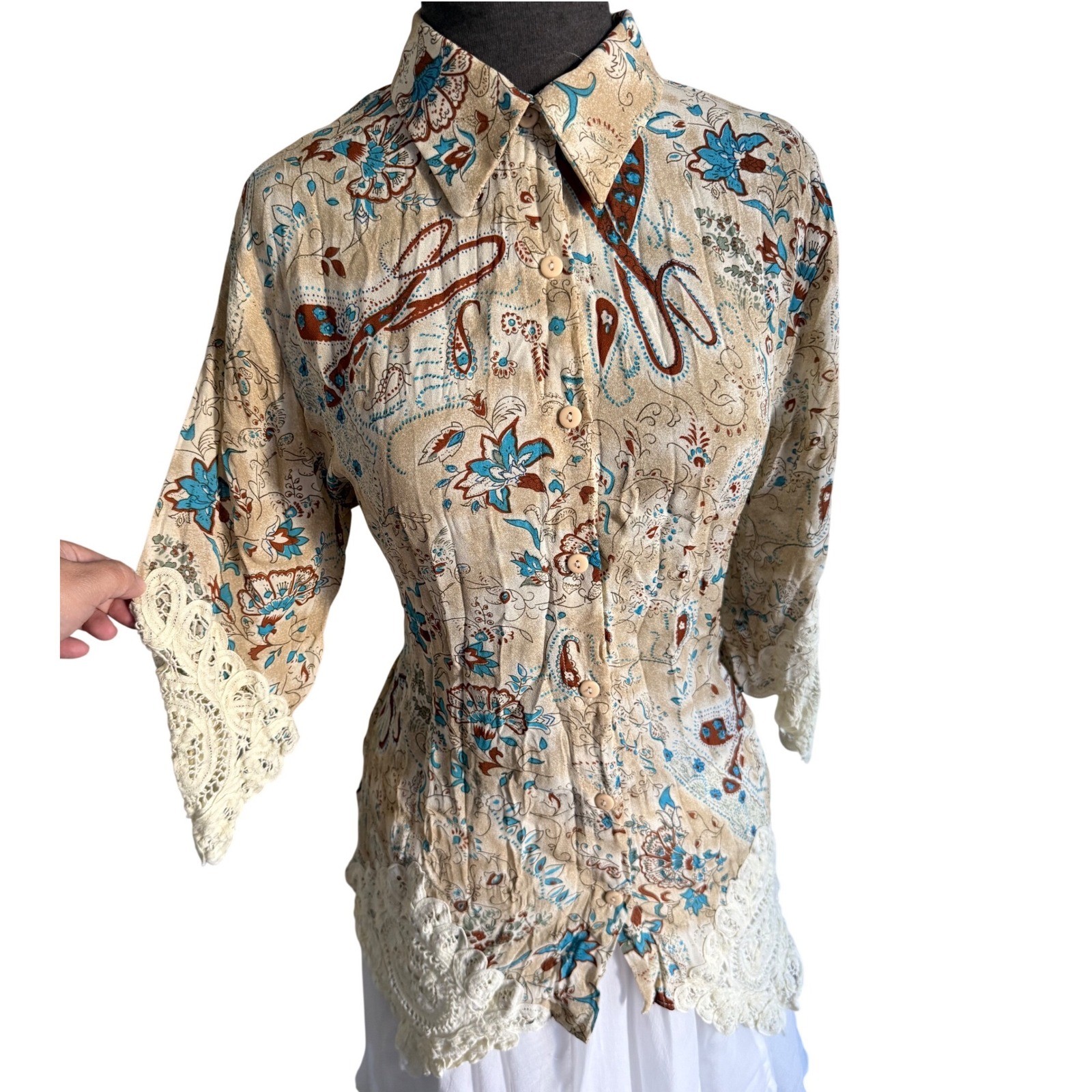 Dress-U by Sharon Womens Boho Paisley Floral Lace Trim Button Down Blouse Tan L