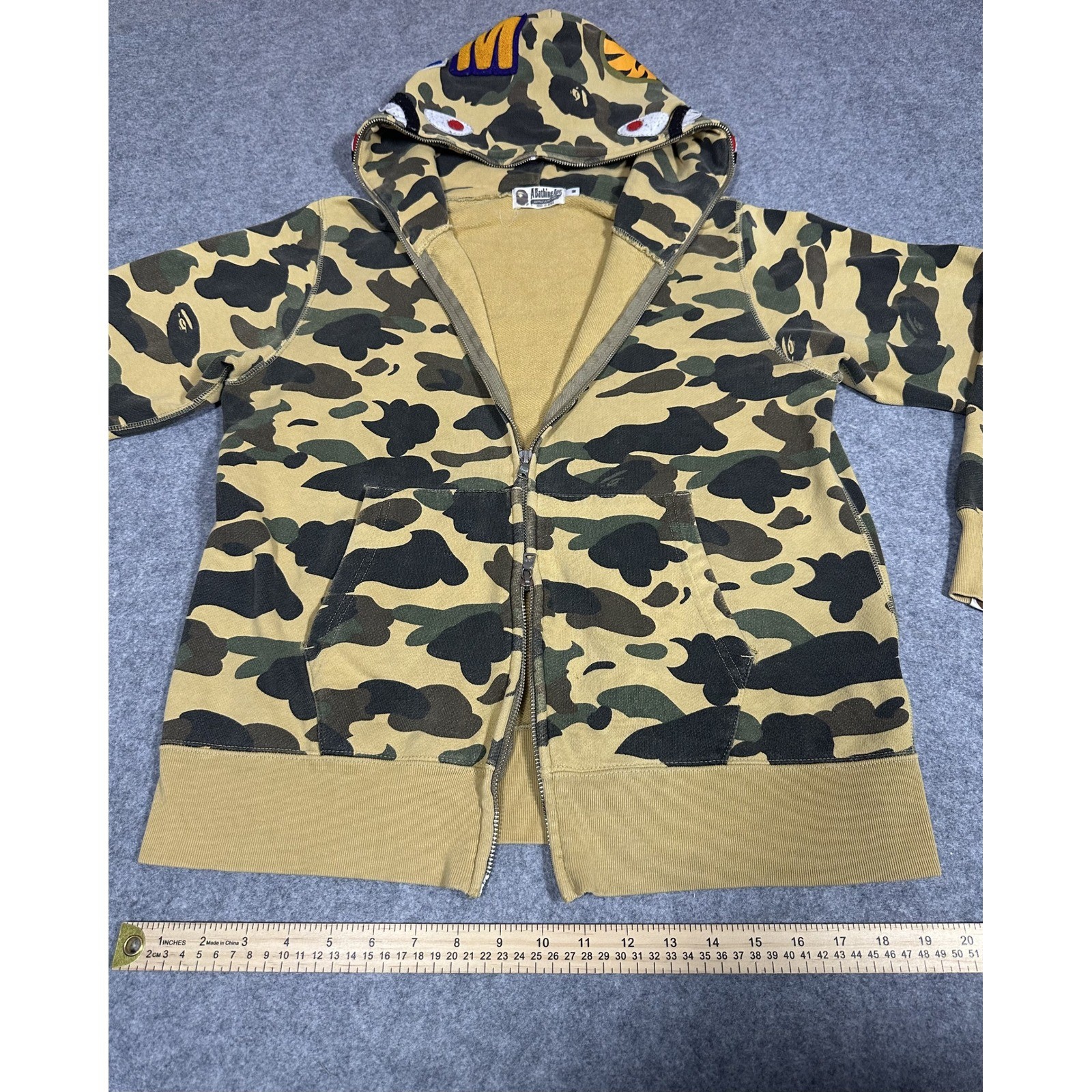 A Bathing Ape Shark Full-Zip Hoodie Medium Yellow Camo Cotton Frayed Hem