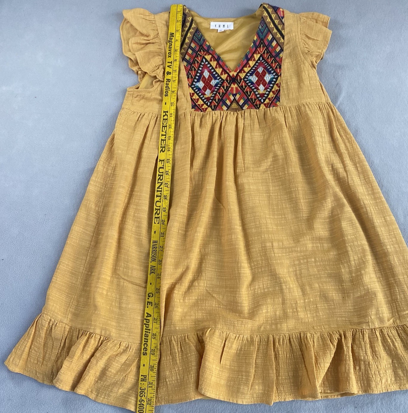 THML Sunflower Yellow Dress Small Aztec Embroidered Yoke Ruffled Cap Sleeves