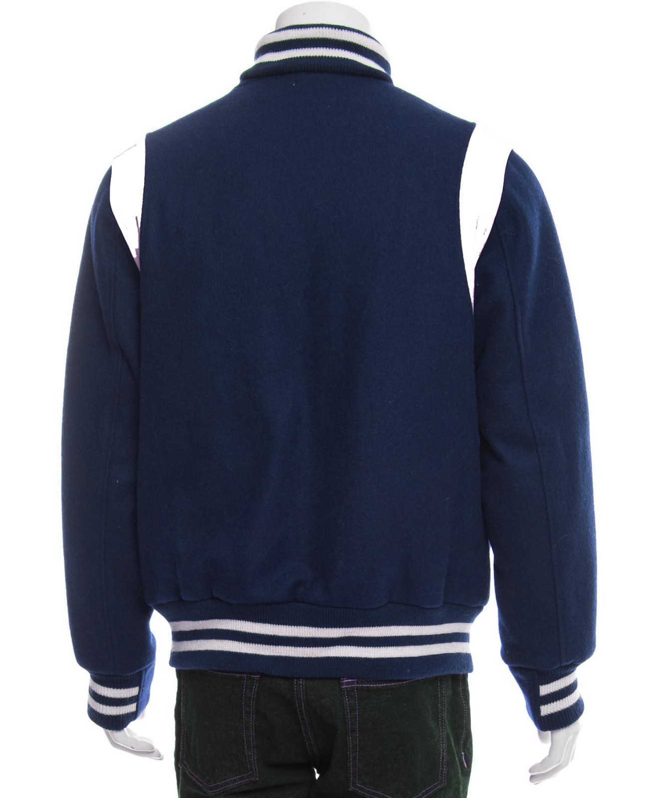 Varsity Letterman Navy Blue Jacket White Striped Shoulders For Men, Women & Kids