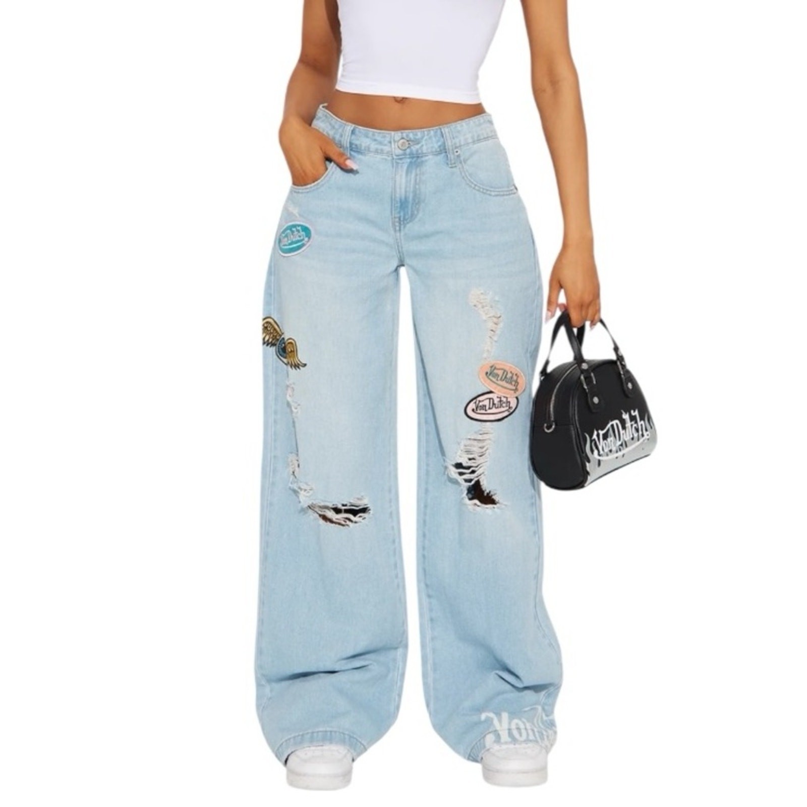 Von Dutch Start Somewhere Jeans Womens 7 Baggy Wide Leg Distressed Patchwork