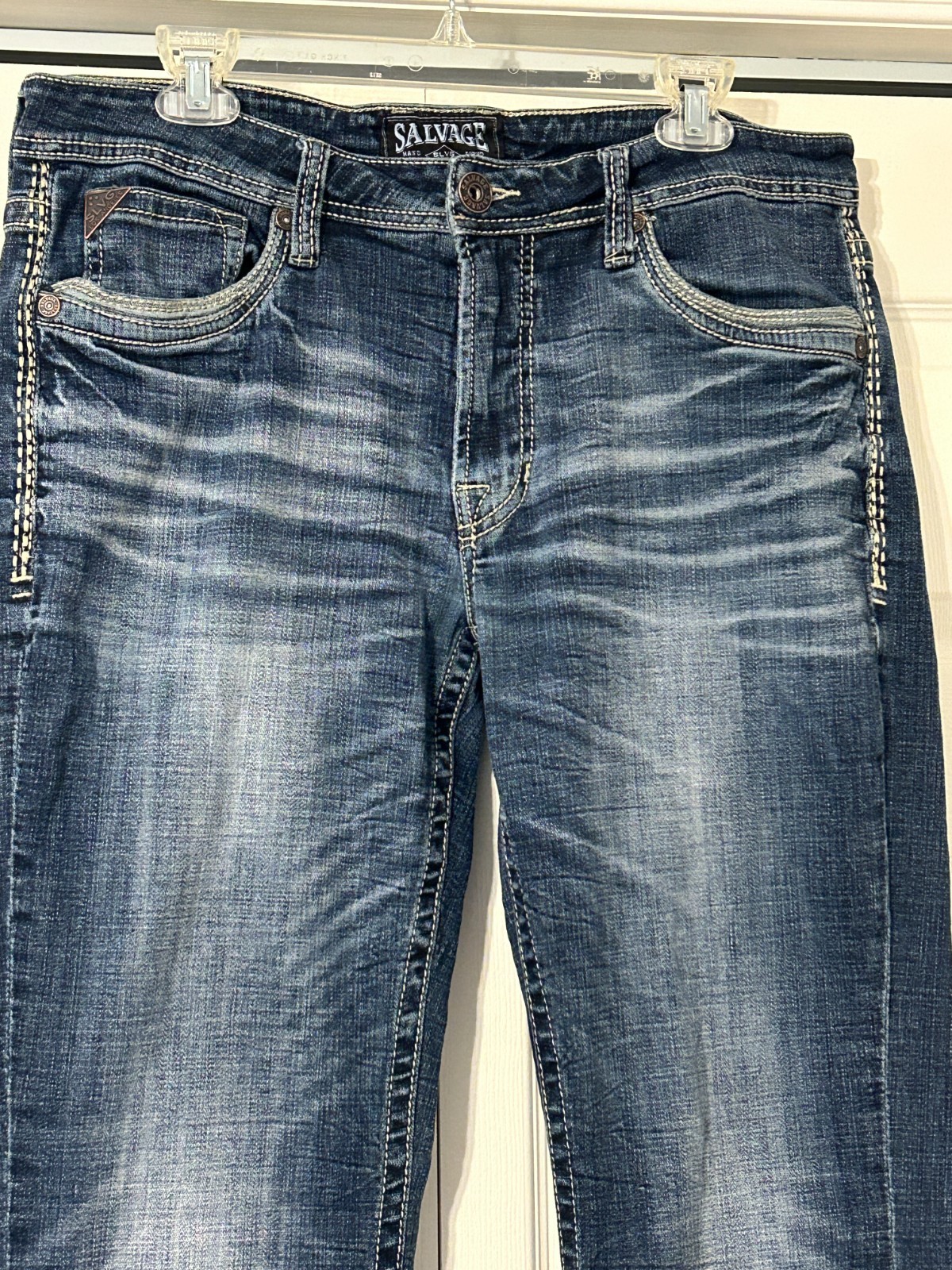 Mens SALVAGE SUPPLY CO Mayhem Bootcut Blue Denim Jeans Sz 34 R SLVG 23-460