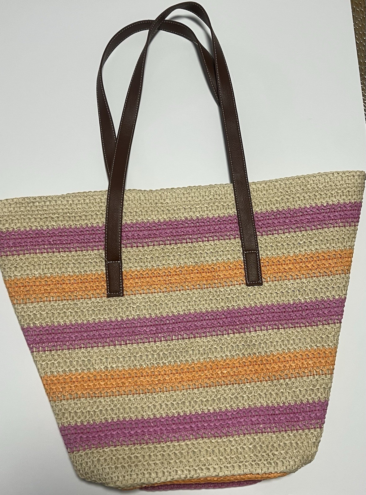 Striped Beach Tote Bag Beige Purple Orange, Brown Shoulder Straps, Magnetic