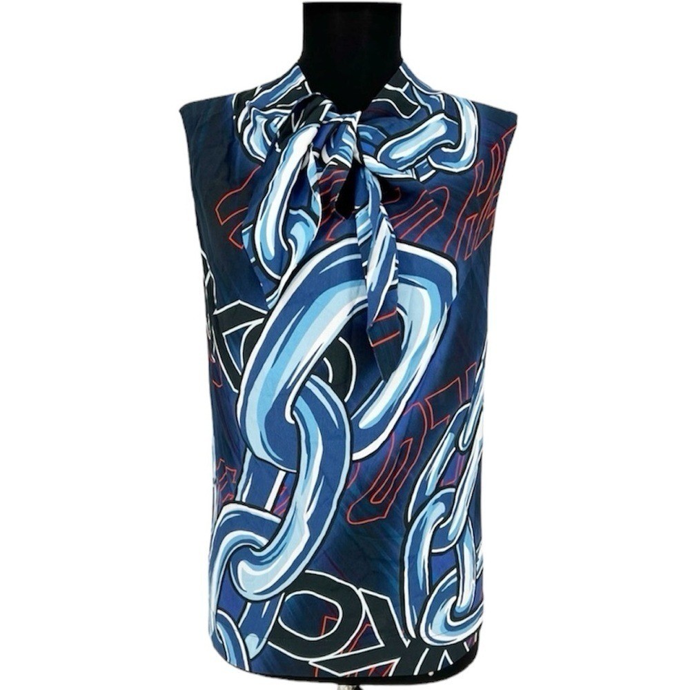 PINKO Logo Chain Print Blue White Sleeveless Tie Bow Blouse US 2