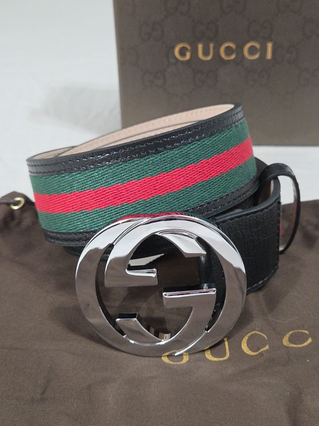 Gucci Black Green Red Striped Belt Size 38-40 IT 110CM Silver Buckle