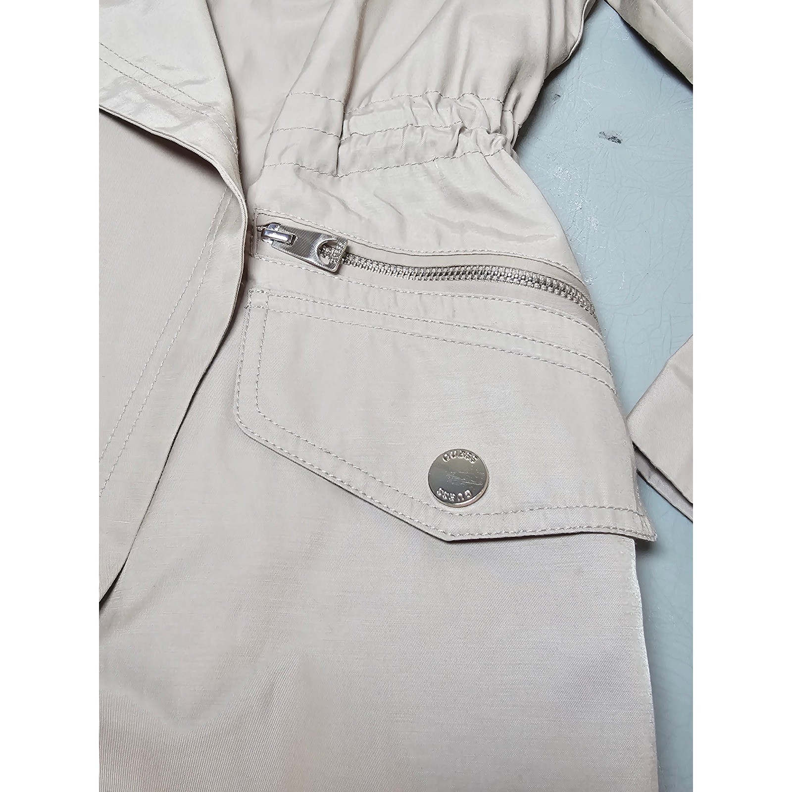 GUESS Los Angeles Womens Tan Draped Trench Jacket Drawstring Waist Beige Coat