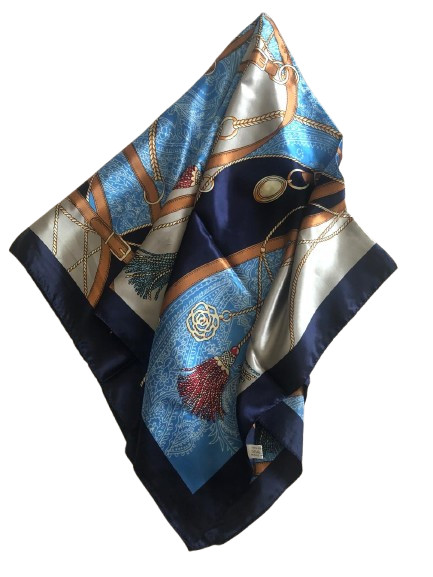 Elegant Navy Blue Polyester Scarf Silk Feel Paisley Square, Neck Head Waist Wrap