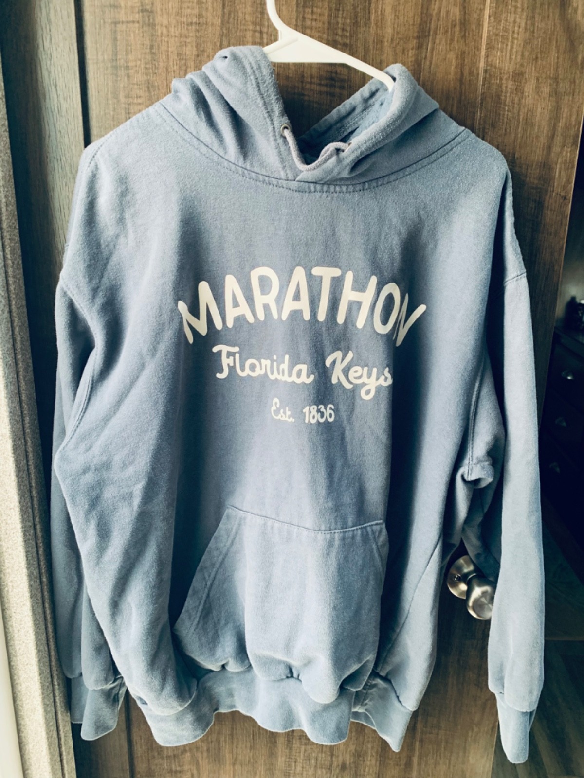 MV Sport Unisex Blue Gray Marathon Key Hoodie Size L Front Pocket