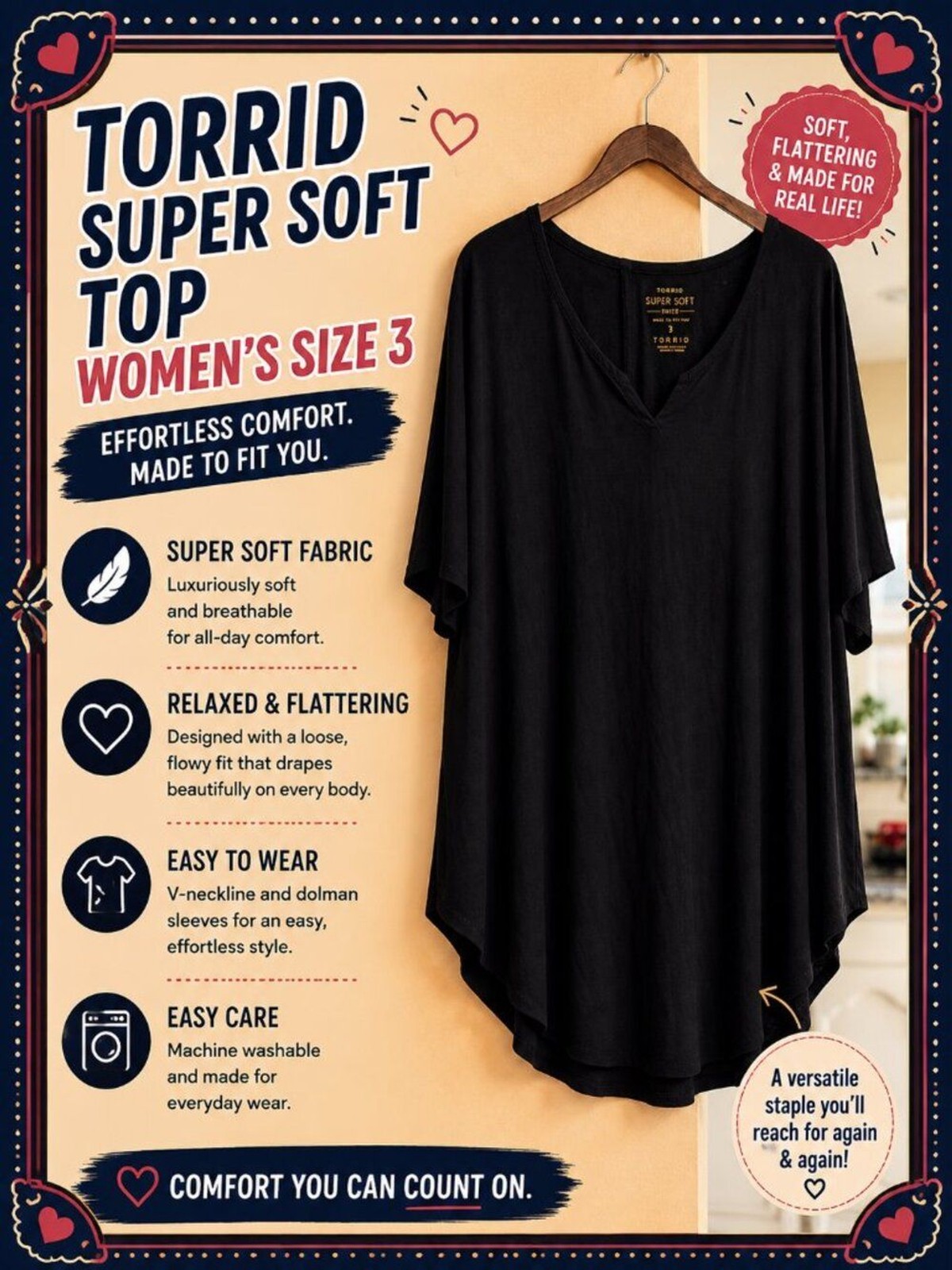 Torrid Super Soft Black Top Women’s Size 3