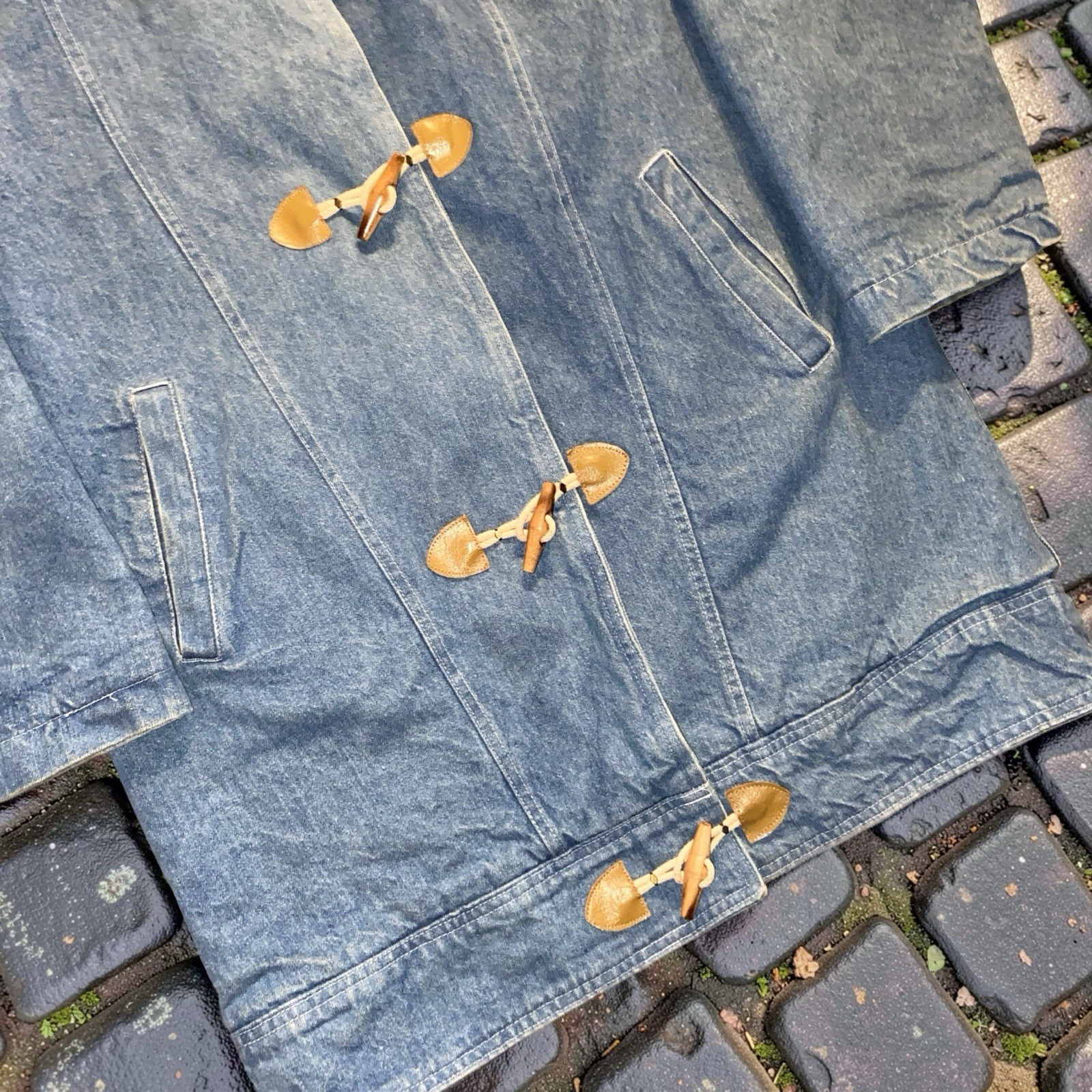 Vintage 90s Denim Duffle Coat Toggle Jacket Sherpa Lined Size M Made in USA