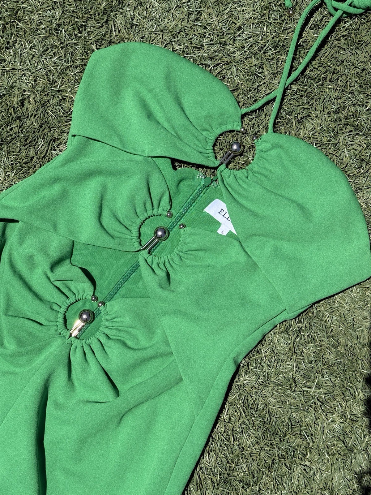 ELLIATT Green Solid Mini Dress L Sweetheart Strapless Ruffle Knit Zip Polyester