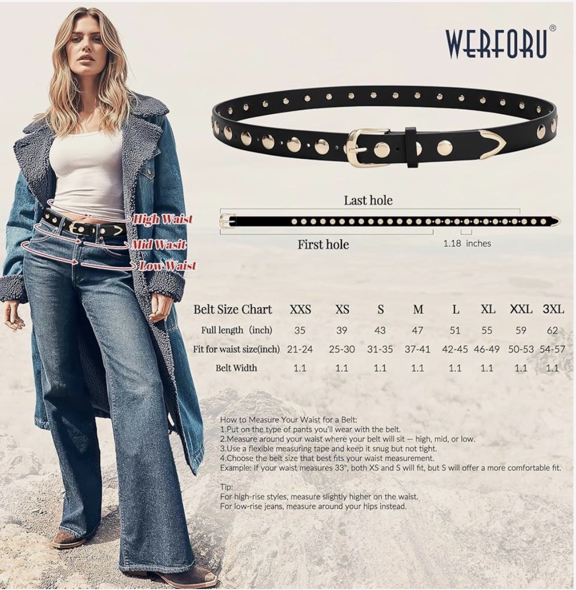 WERFORU Women Fashion Leather Belt Studded Leather Belt 37”-41” Waist | Black