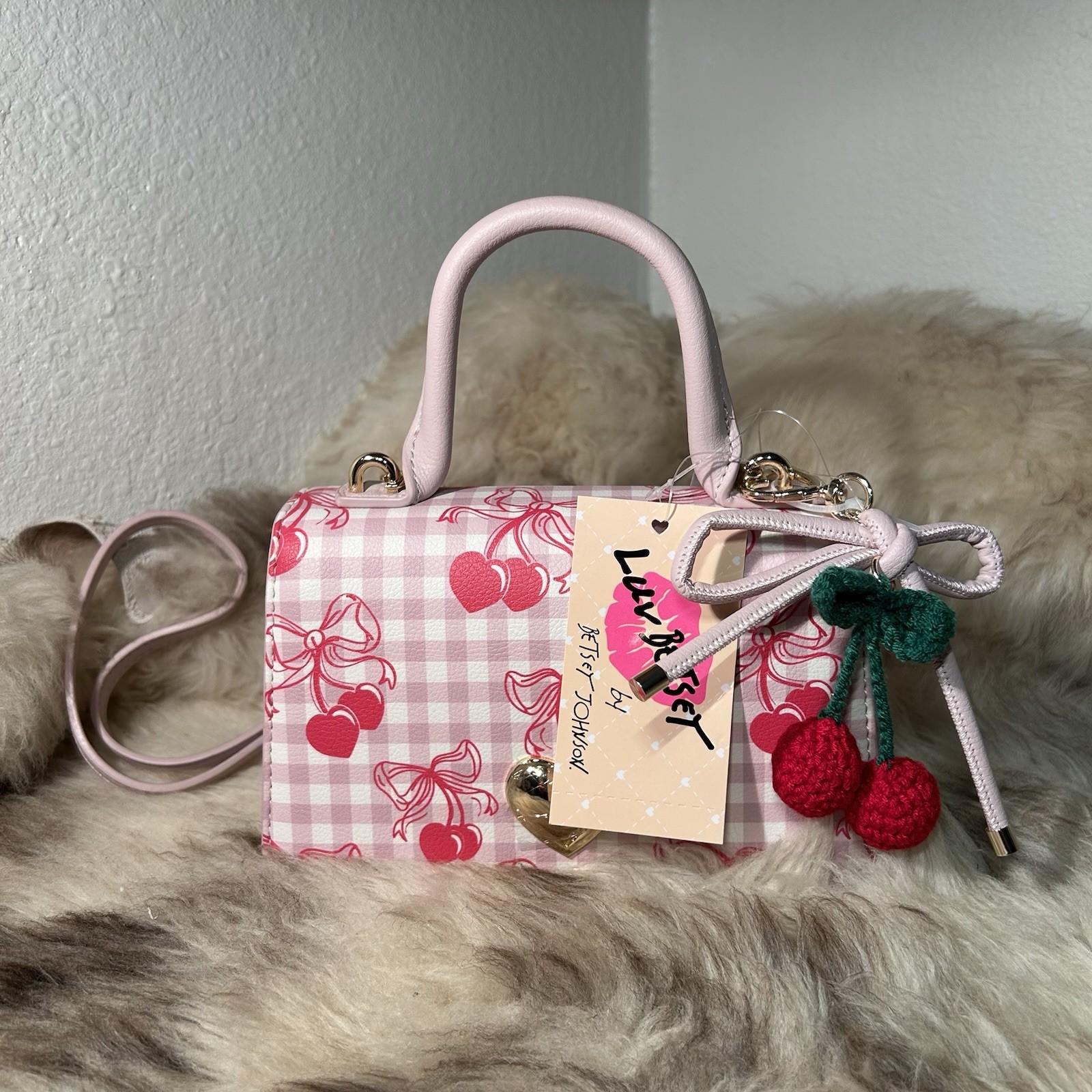 NWT Betsey Johnson Evie Crossbody – Pretty Plaid Print – Sweet Cherries
