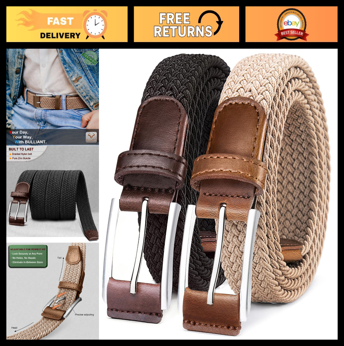 Woven Braided Stretch Web Belt 2-Pack for Men – Breathable, No Hole, Snug Fit –