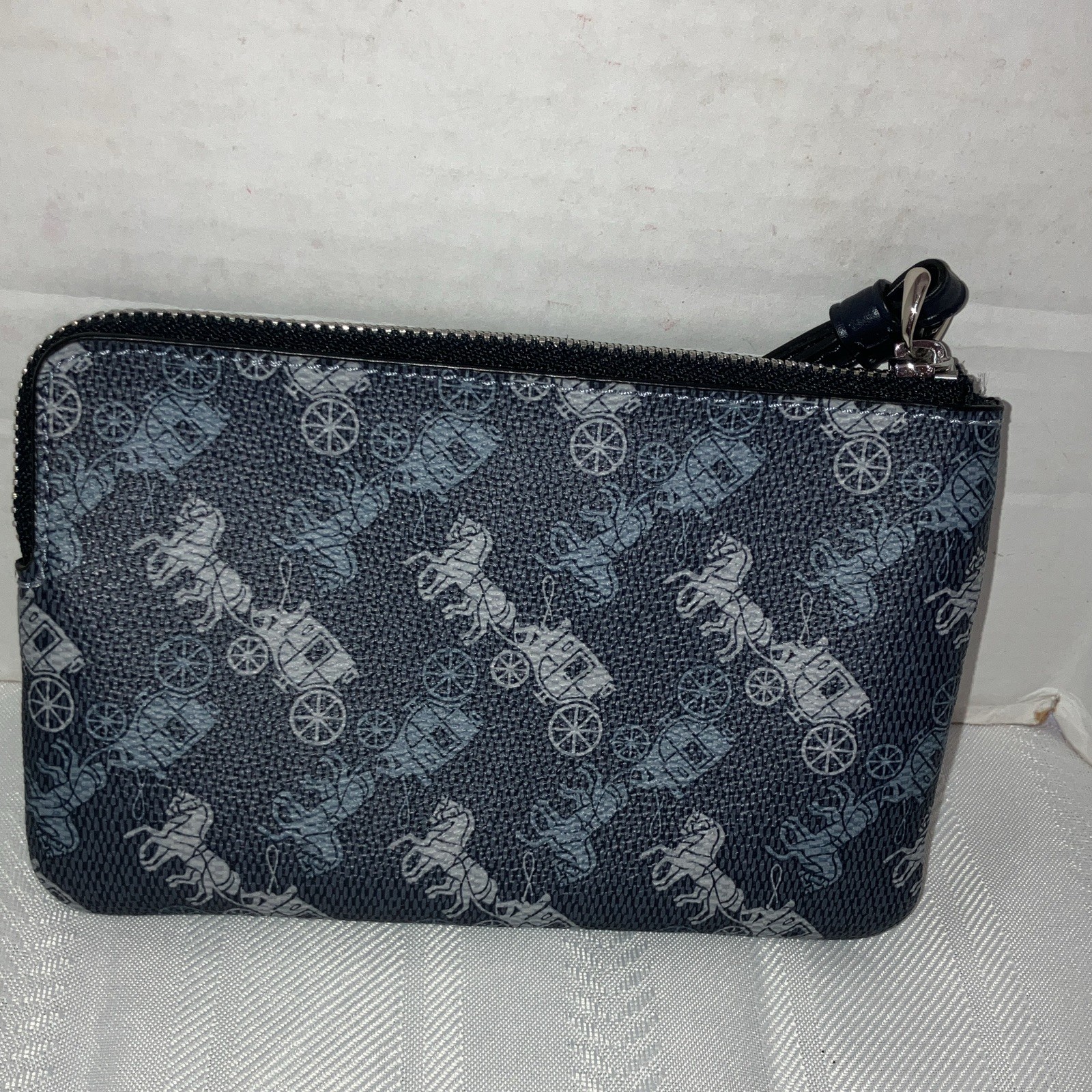 Coach Blue Logo Zip Wristlet Pouch Bag Small w/ Black Wrist Strap Silver HW
