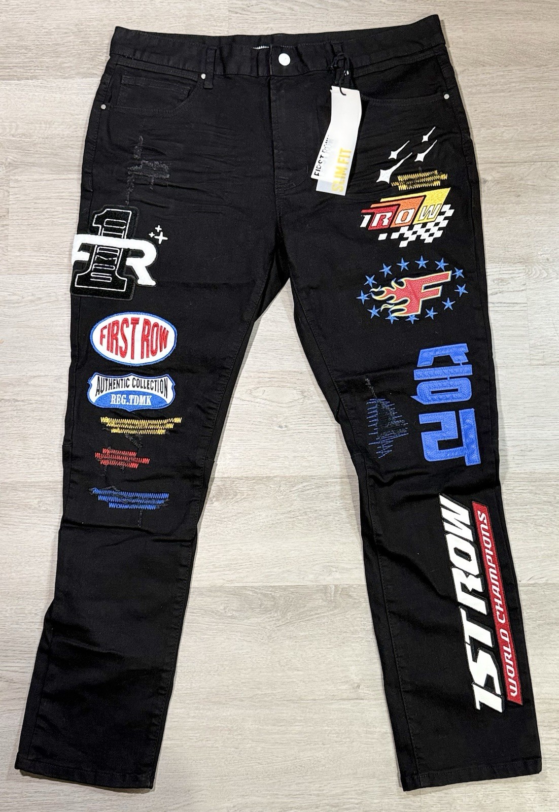 First Row Downtown La Racing Slim Fit Jeans Men’s Size 38×32 Black Patchwork NWT
