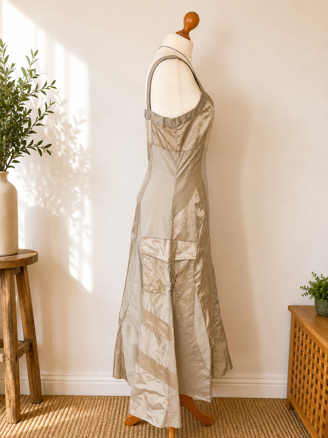 Indies Y2K Patchwork Maxi Dress UK 8 Champagne Beige Tech Cargo Dress