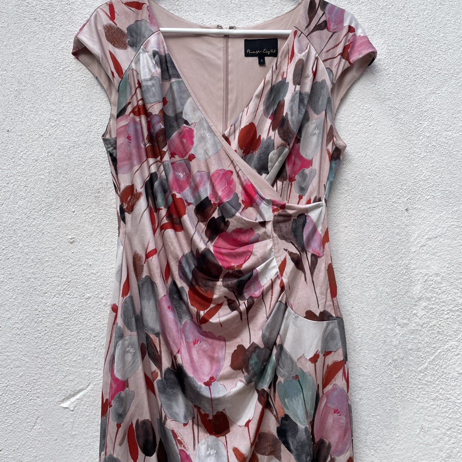 Phase 8 Pencil Dress Womens 12 38” Pink Floral Tulips Short Sleeve Wedding Party